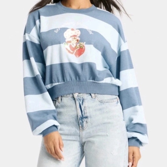 * NWT * STRAWBERRY SHORTCAKE Women’s Size Large Sweatshirt Blue Striped Cropped - Picture 1 of 7